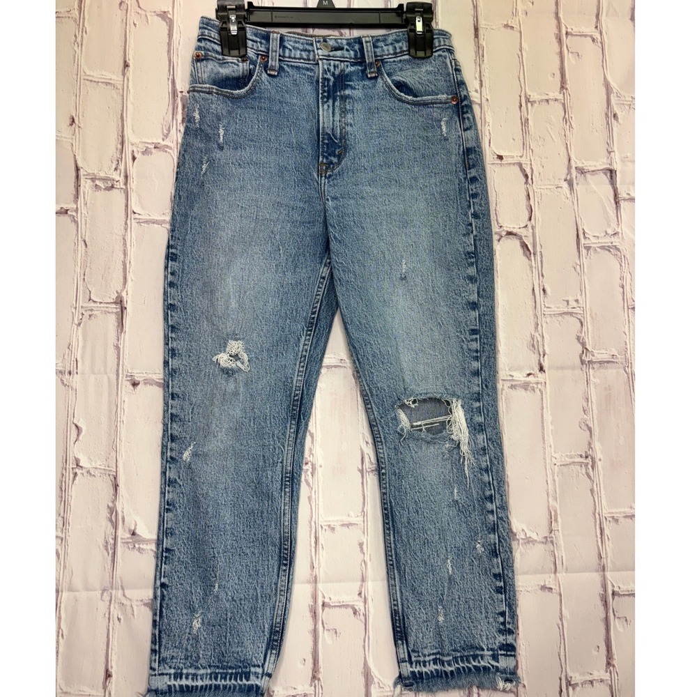 Abercrombie & Fitch Mom Jeans Blue Ripped Distressed High Rise Women 27/4 Short